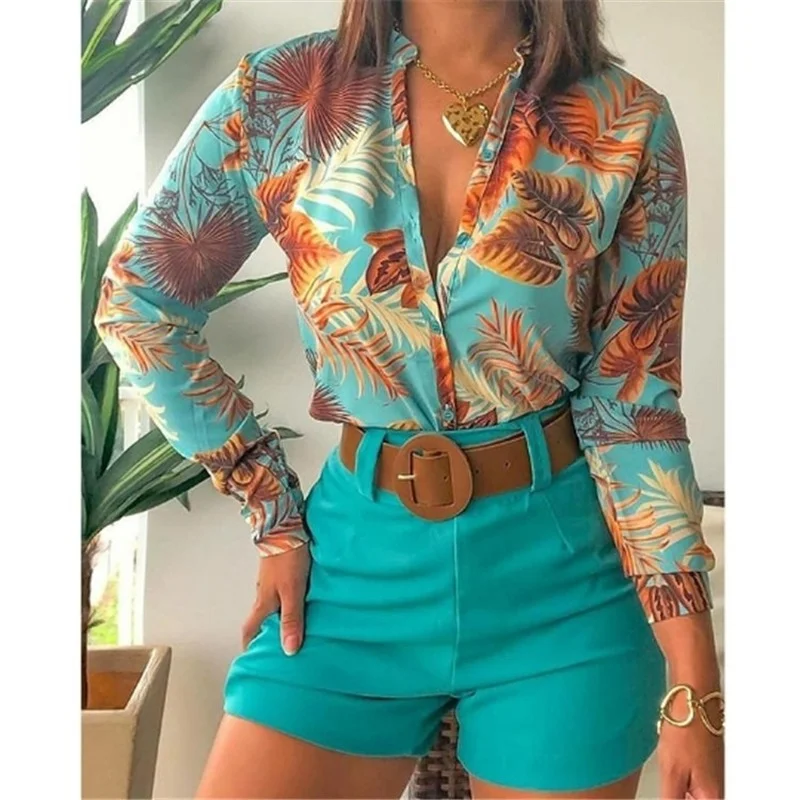 Shorts Sets Printed Stand-up Collar Shirts for Women Plus Size Sets Longsleeve Shirts Female High Waist Shorts 2021 Summer Suits blazer and pants set Women's Sets