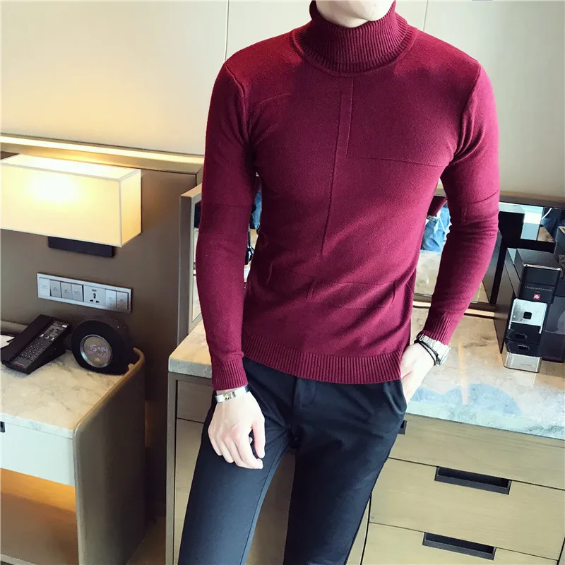 Wine red Корейский мужской свитер с высоким воротом 7 Однотонный мужской свитер с высоким воротом MaleSweater мужской тонкий свитер с воротом хомут Fit пуловер Свитера - Цвет: Wine red