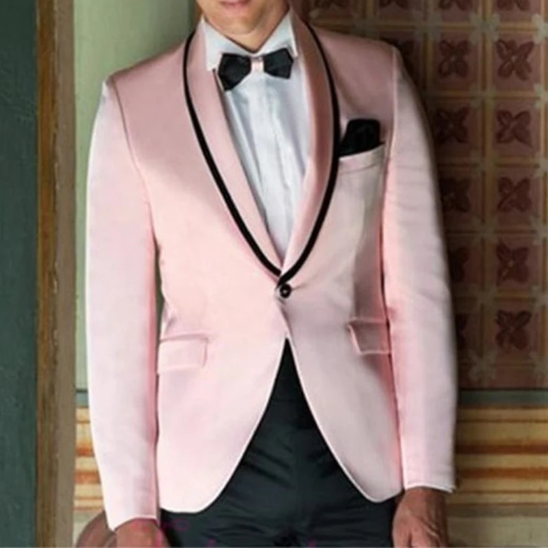 

Pink Prom Men Suits for Wedding 2 piece Custom Groom Tuxedo with Shawl Lapel Casual Man Fashion Clothes Blazer with Black Pants