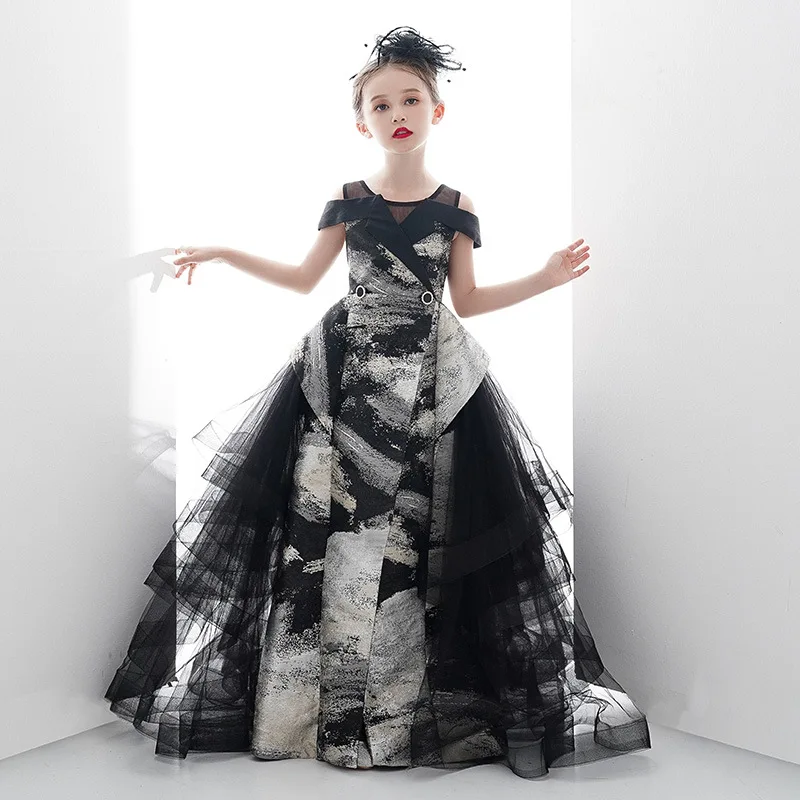 

Fancy Flower Girl Dress with Train Children Show Performance Ball Gown Kids Long Mermaid Tulle Dresses Teen Boutique Clothes