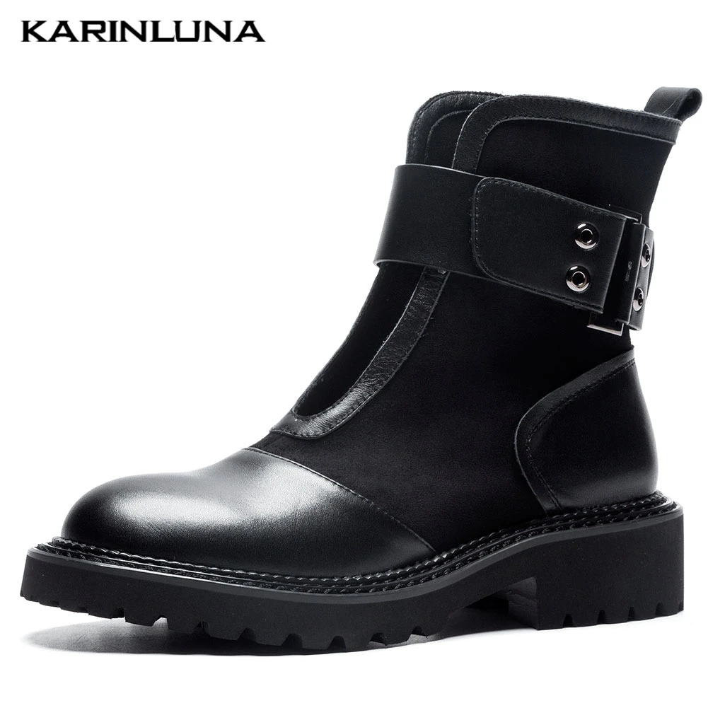 

Karinluna 2019 Spring Belt Brand Designer Genuine Leather Kid Suede Woman Shoes Boots Women Ankle Boots Female Booties