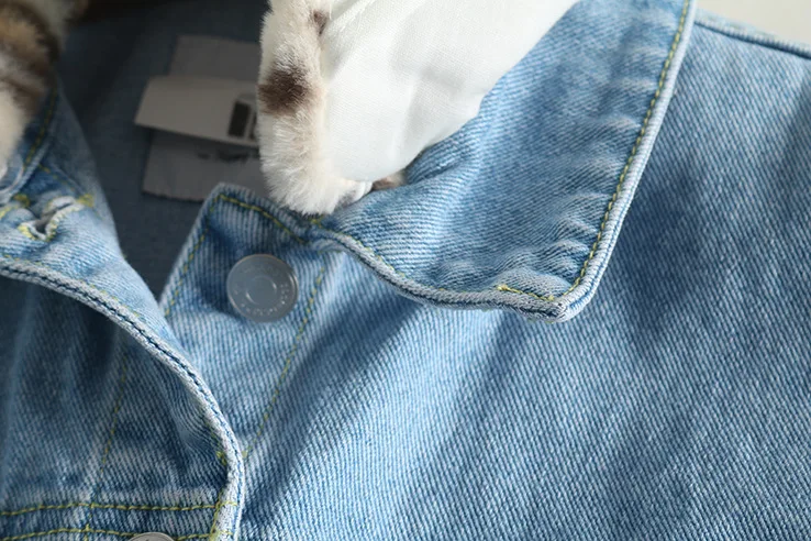 

Yq29 Spring And Autumn Removable Shoulder Leopord Pattern Fur Collar Women's Large Pocket Washing Faded Cowboy Jacket