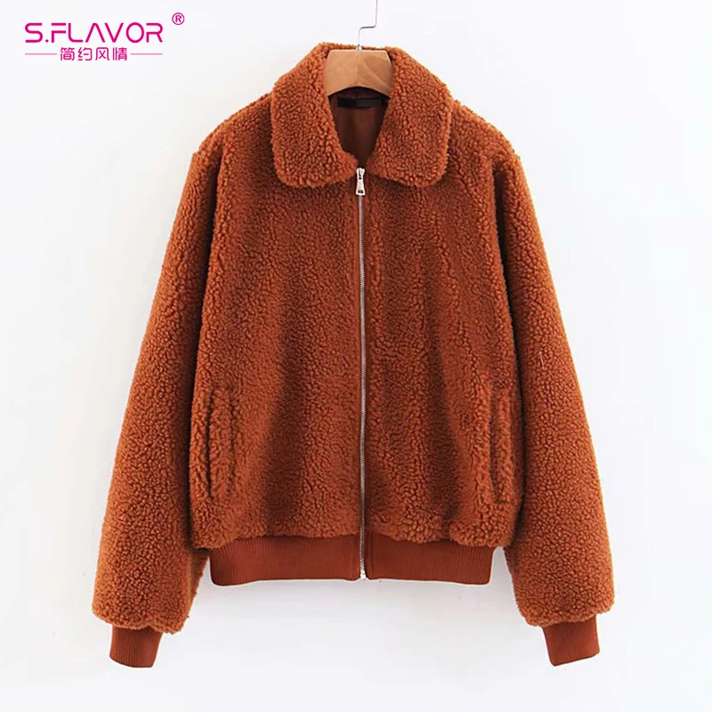 

S.FLAVOR Women Autumn Winter Faux Fur Casual Warm Coat Soft Zipper Plush Fur Jacket Female Turn Down Collar Casual Outwear