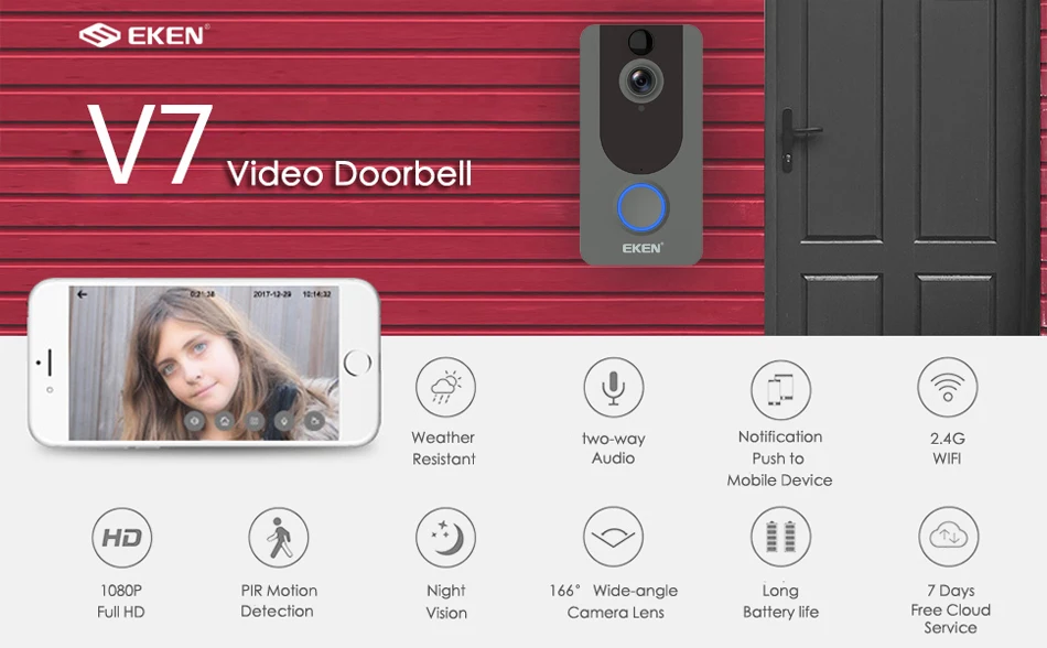 Eken V7 видео doorbell1080p с ringtone ночного видения беспроводной мониторинг безопасности Интеллектуальное обнаружение движения домофон камера