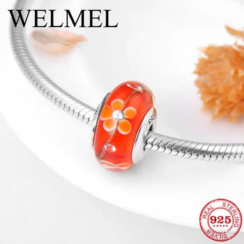 

Hot 925 Sterling Silver Murano Glass Beads European Pattern Orange Red Flower Fit Original Pandora Charm Bracelet Jewelry