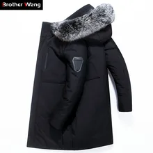 Новинка, зимняя мужская куртка с меховым воротником, пуховик на белом утином пуху, модные толстые теплые длинные куртки и пальто с капюшоном, Мужская брендовая одежда