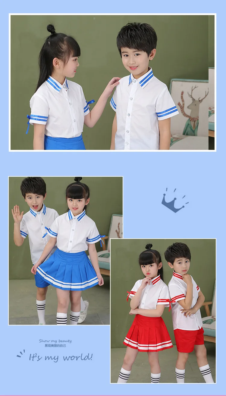 Летняя детская одежда; стиль; белая рубашка с короткими рукавами; короткая юбка комплект для детского сада; костюм для начальной школы; Форма для выступлений; Wea