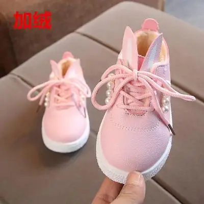 Pink plus velvet Новинка года; сезон весна-осень; обувь принцессы с жемчугом для девочек; обувь для маленьких детей; детская хлопковая обувь - Цвет: Pink plus velvet