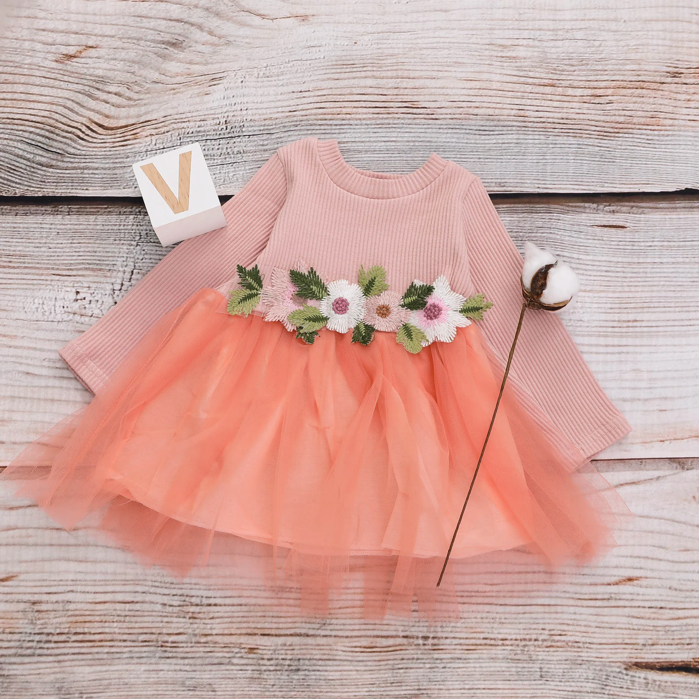Jersey Cotton Longsleeve Tutu Dress with Flower Decor Waist for Baby