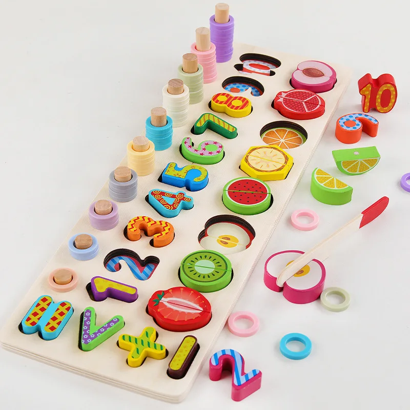 Wooden toy three-in-one double board digital operation cognitive shape pairing early education intelligence toy cut fruit game
