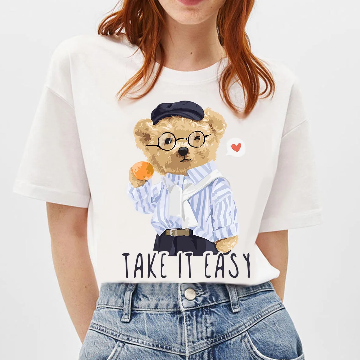 

BLINGPAW Cute Teddy Bear Take It Easy Letter Print T-shirt White Cotton Unisex Tees Summer Custom Tee Shirts Graphic T Shirts