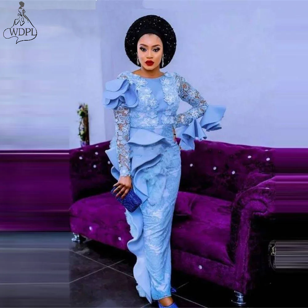 2020 Newest Dubai Blue Long Prom Dresses Turkish Kaftans Women Gowns Party Night Lace Flowers Middle East Evening Dress