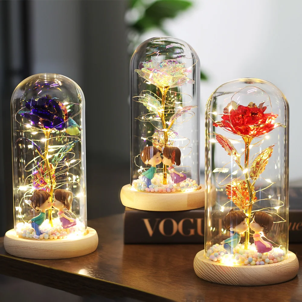 Beauty And The Beast Rose Artificial Flowers In Glass Dome Home Decor Night Light Birthday Present Valentine's Day Mother's Gift