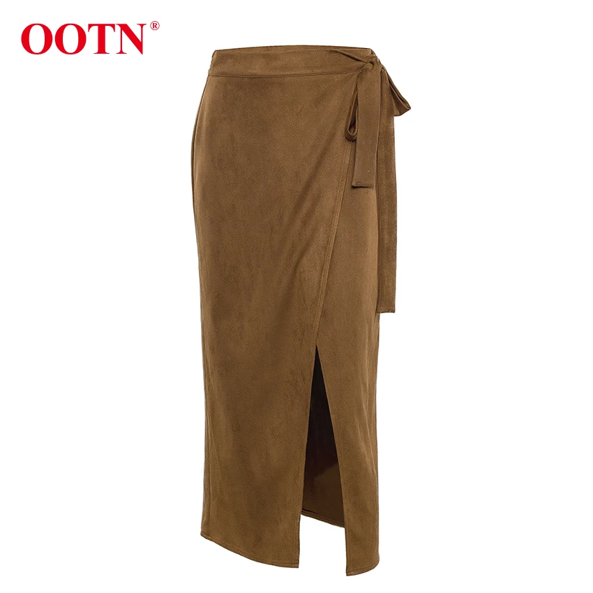 OOTN хаки замша длинная юбка Женская Осень Зима Повседневная юбка с запахом на шнуровке Женская миди-юбка с высокой талией Офисная женская элегантная
