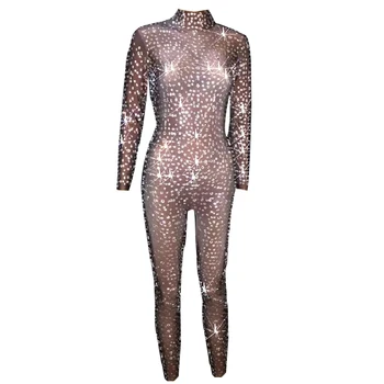 

Rhinestone nude Jumpsuit womens black sexy Nightclub Prom Party Outfit bodysuits Singer Jazz Dance Stage rave festival Costume