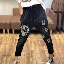 QPFJQD женские черные повседневные отбеленные джинсы с вышивкой из мультфильма джинсовые брюки женские штаны-шаровары узкие с эластичным поясом