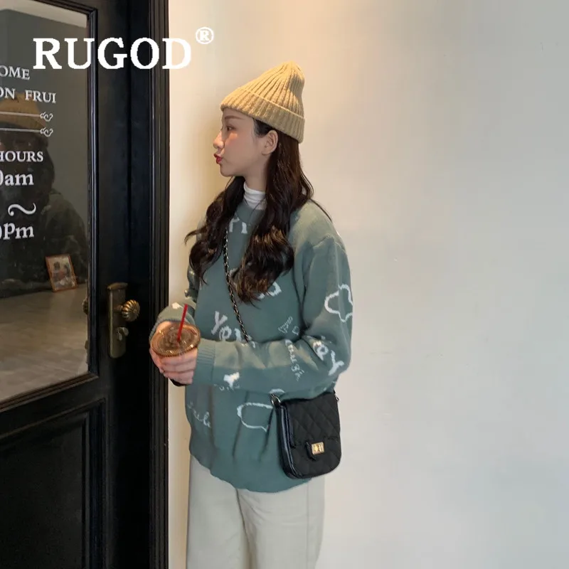 RUGOD, смешной принт с буквами, Свободный вязаный свитер для женщин, круглый вырез, мягкий теплый трикотаж, Свободный Повседневный пуловер, Модные женские милые пуловеры