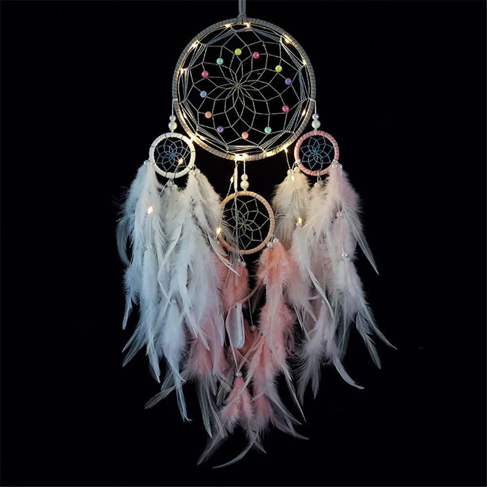 

4-ring pink white dream catcher girl heart room pendant handmade wind chimes Christmas gifts decoration for home