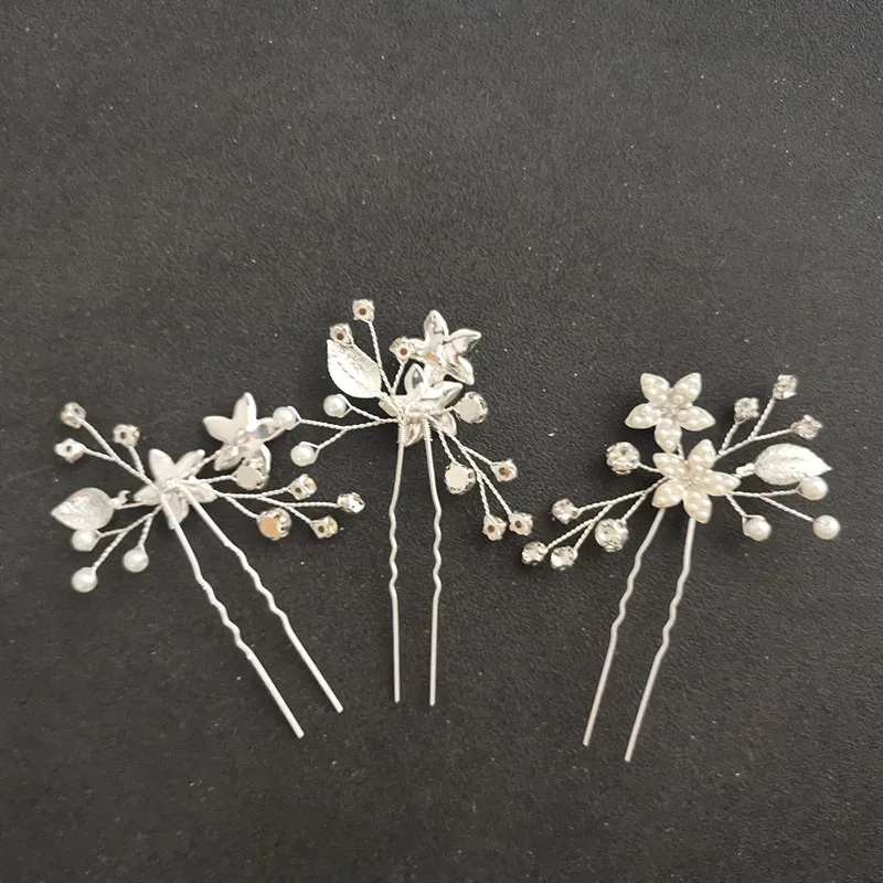 Floralbride Handmade INS Style Alloy Rhinestones Flower Leaf Pearls Bridal Hair Pin Set Wedding Hair Sticker Women Hair Jewelry