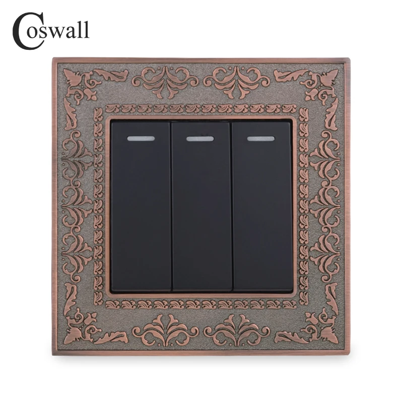 Coswall, металлическая панель из цинкового сплава, 3 комплекта, 1 способ, настенный выключатель, 4D тиснение, Ретро стиль, роскошный переключатель на/выключение, светильник, 16А, переменный ток, 110~ 250 В - Цвет: Черный