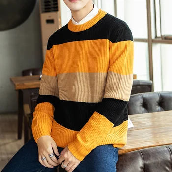 

2019 Winter Men's Printing Stripe Coats In Warm Sweaters Casual Cashmere Pullover Brand Male Thickening Woolen Knitting M-3XL