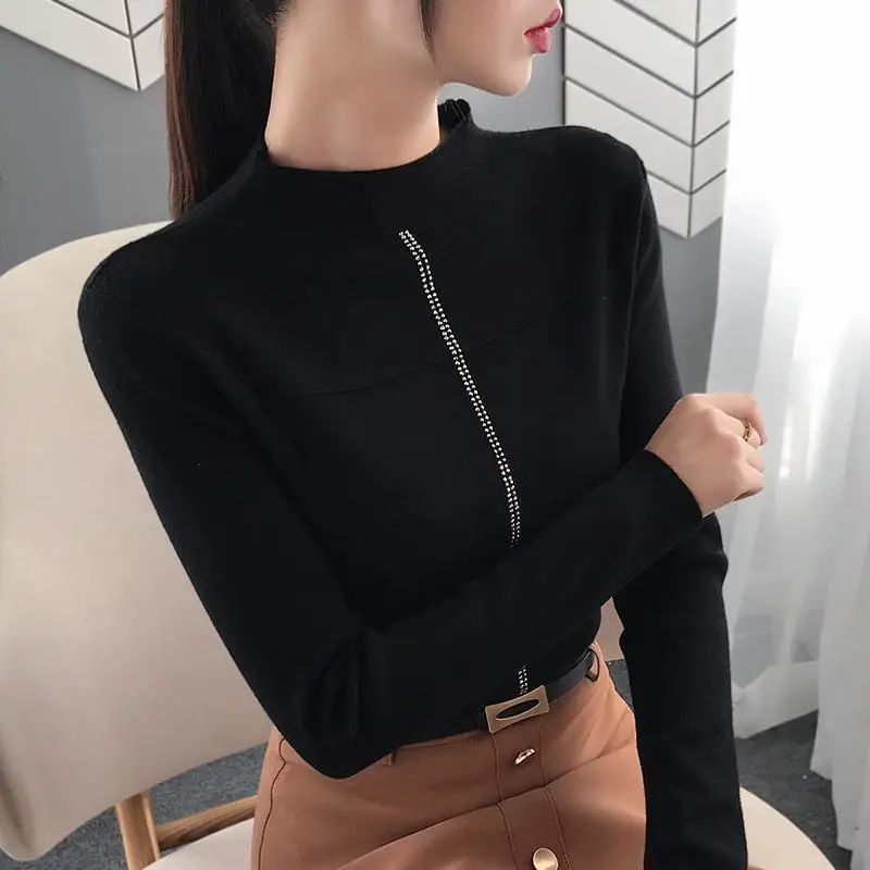 black pullover Woherb элегантный свитер для женщин половина водолазка с длинным рукавом пуловеры сплошной цвет алмаз Обтягивающий джемпер Мода Новинка Pull Femme 91041 - Цвет: black pullover