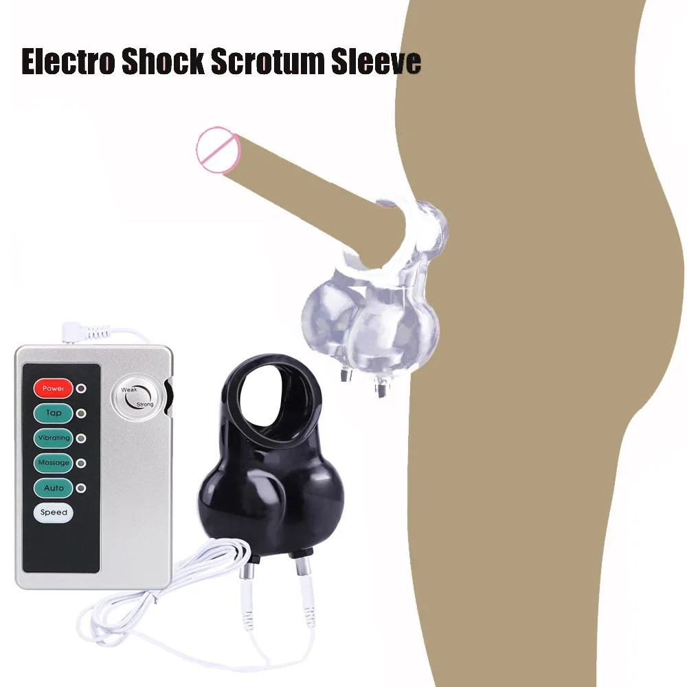 BDSM Electric Shock Testicles Squeeze Sleeve Penis Lock Delay Ring Men Gay Sex Tools