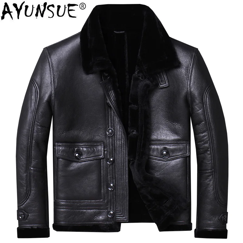 

AYUNSUE Men's Genuine Leather Jacket Winter Coat Men Sheep Shearling Motorcycle Flight Jacket Wool Lining Sheepskin Coat U-M803