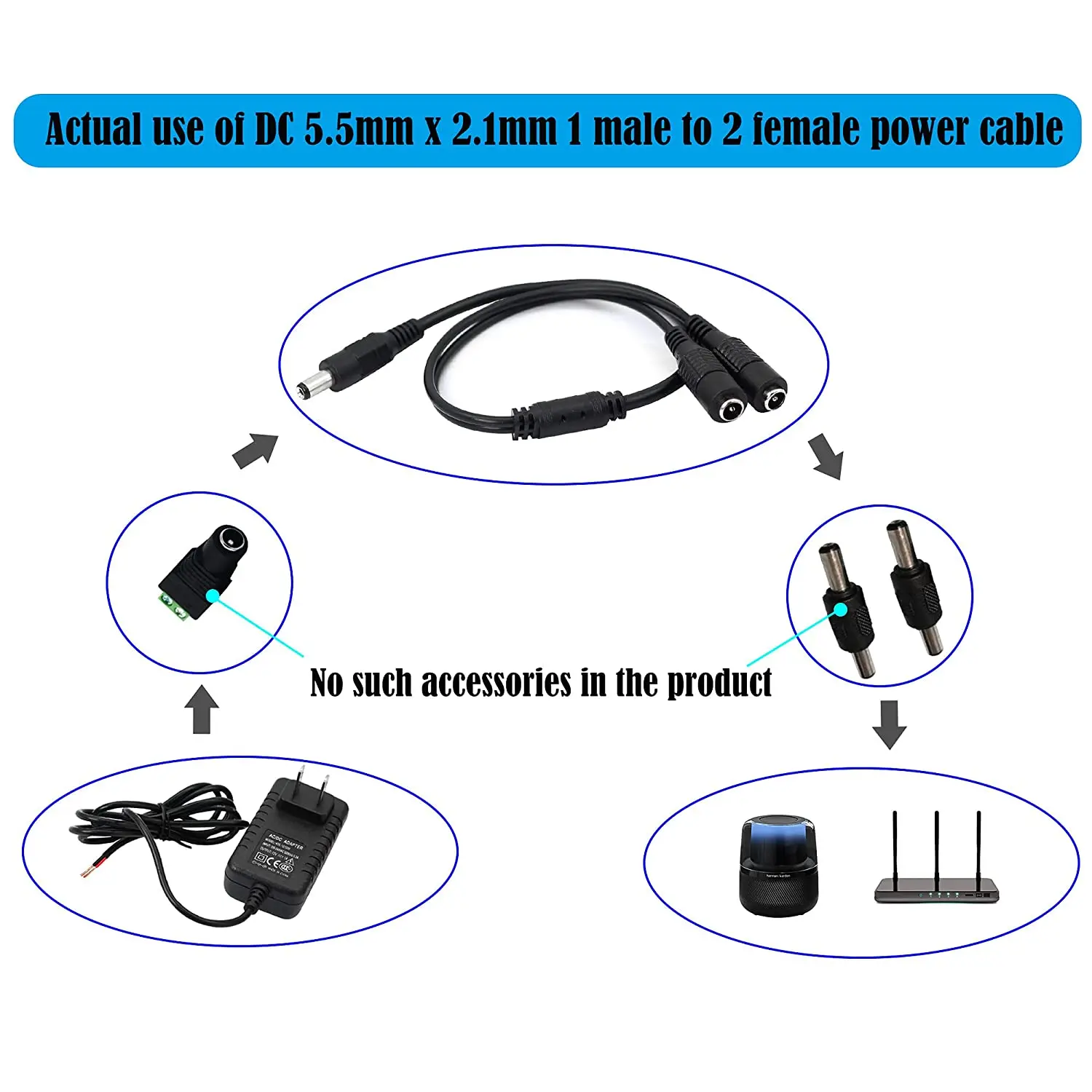2pack DC Y Splitter Cable 1 Male to 2 Female 5.5mm x 2.1mm DC Power Extension Adapter Cable For CCTV Surveillance Cameras