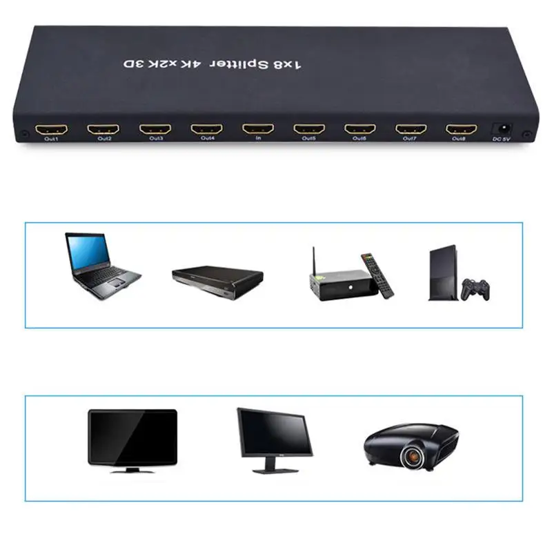 Abkt-топ предложения 1x8 HDMI сплиттер, один в восемь выход HDMI сплиттер аудио видео дистрибьютор усилитель, поддержка Full HD 3D&/60 Гц(ЕС