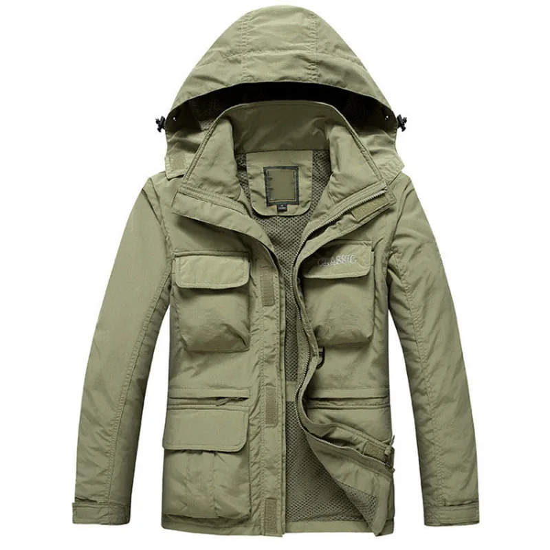 Для мужчин тактические куртки осень быстросохнущая 2-в-1 XXXL военные Стиль армейское пальто мужской несколькими карманами с капюшоном и защитой от ветра Водонепроницаемый - Цвет: green khaki