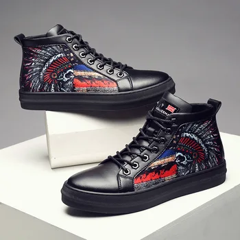 

Korean style men hip hop street wear ankle boots cow leather printed shoes flat shoe platform short boot outdoor sneakers botas