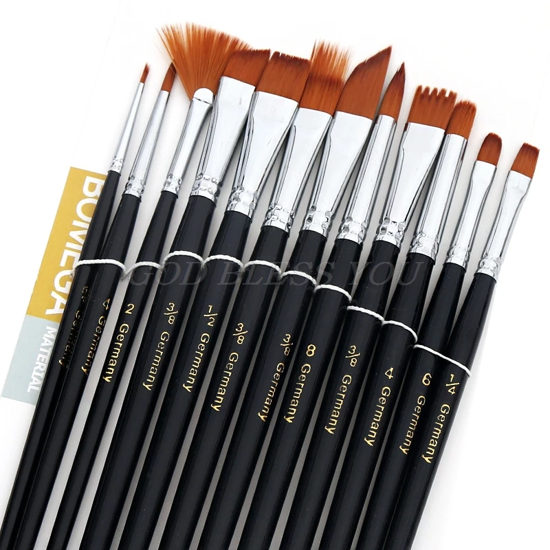 12pcs//Set Artist Paint Brush Nylon Hair Watercolor Acrylic Painting Oil