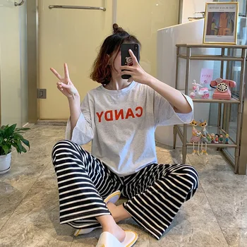 

2020 Summer Short Sleeve Long Pants 100% Cotton Pajama Sets Women Korean Casual Striped Sleepwear Homewear Pijama Mujer Clothes