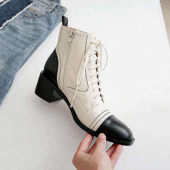 

Genuine leather Women Boots Side Zipper Autumn Winter Thick High Heels Pumps Mixed colors Party Working Newest Shoes Woman