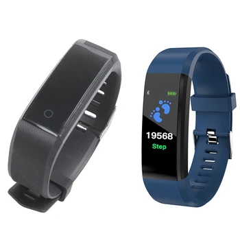 

2x 115Plus Smart Bracelet Fitness Tracker Step Counter Smartband Anti-Lost Call Reminder for Android IOS(Black&Blue)