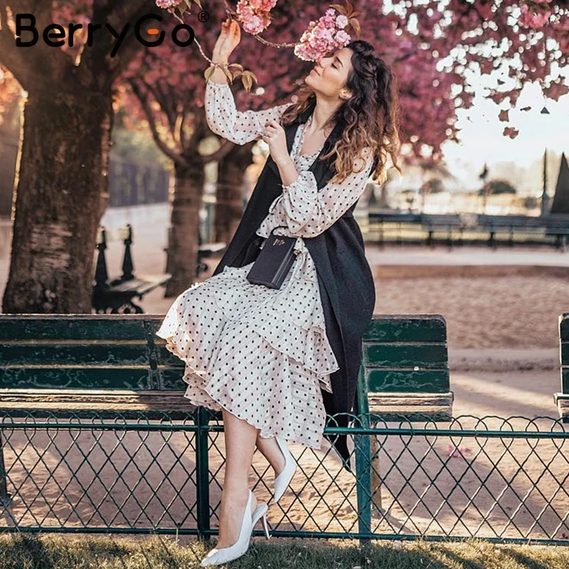 Cena BerryGo elegancka sukienka z polka dot szyfonowa damska z długim rękawem potargane długa sukienka warstwowa sukienki damskie w stylu Vintage vestidos