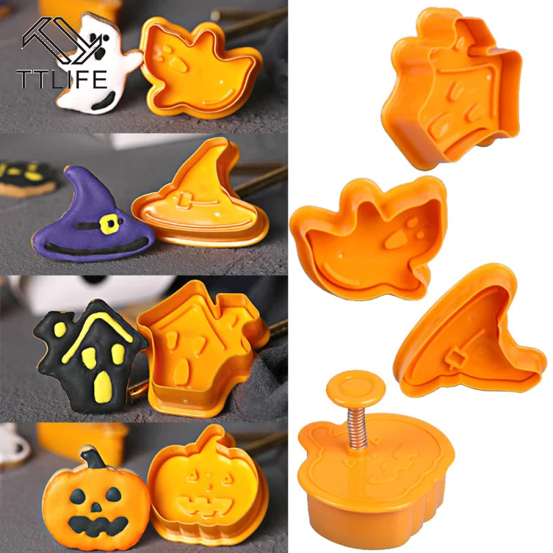 

4pcs Halloween Cookie Stamp Biscuit Mold 3D Pumpkin Ghost Theme Plastic Cookie Cutter Plunger Fondant Mould Cake Decorations