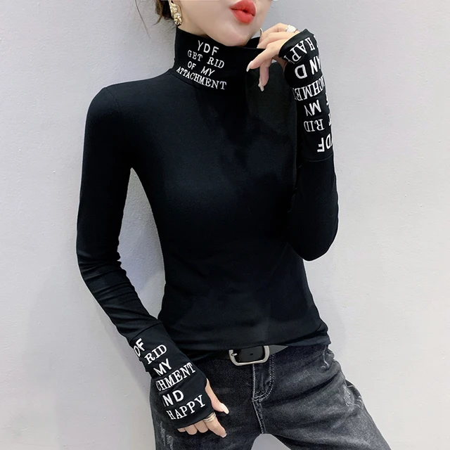 #5639 Black White Long Sleeve Tshirt Women Letters Printed T Shirt Femme  Elastic Harajuku Tight Turtleneck T Shirt Woman Cotton - T-shirts -  AliExpress