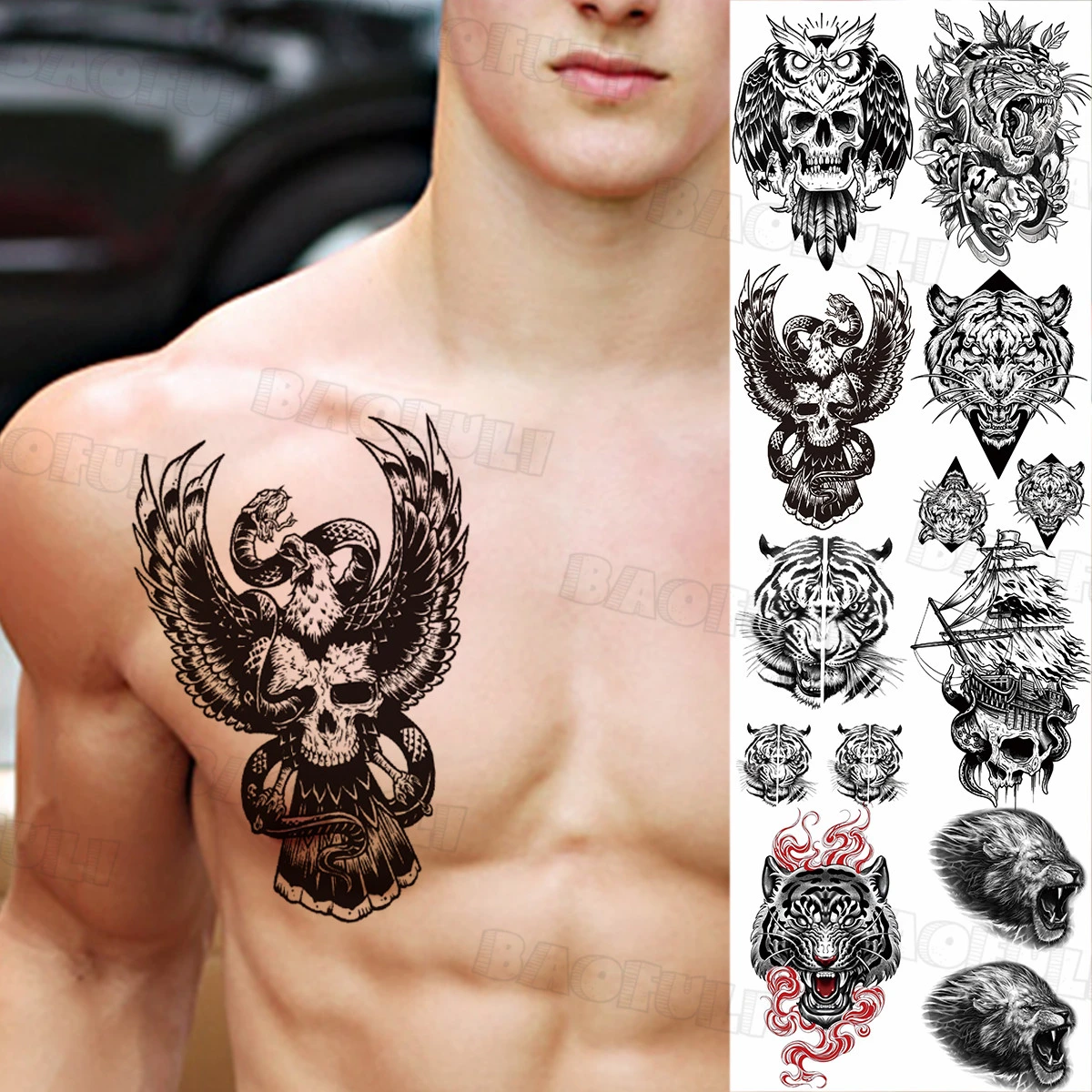 Realistic Owl Black Mamba Snake Eagle Skull Temporary Tattoos For Men  Adults Fake Tatoos Lion Tiger Realistic Tattoo Sticker - Temporary Tattoos  - AliExpress