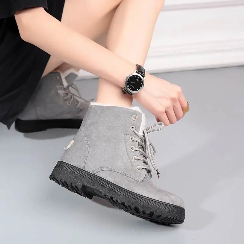 

Warm flock round toe winter women ankle boots heels 2019 high quality solid lace-up female snow boots women casual shoes