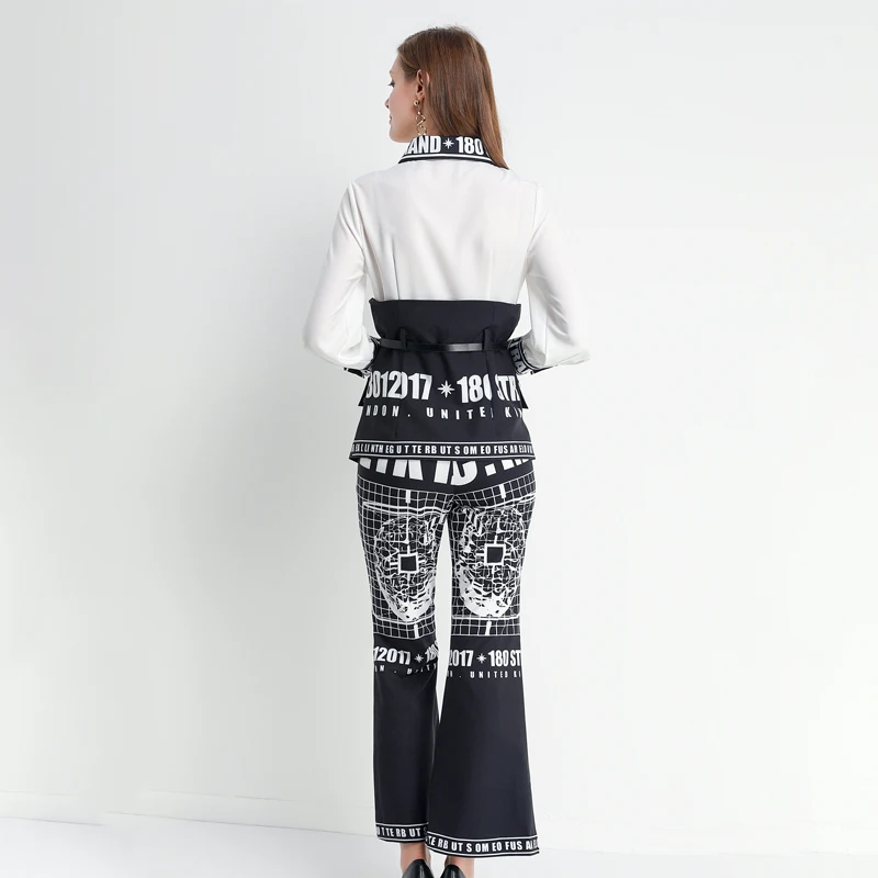 AELESEEN, Весенний Модный комплект-двойка в английском стиле с подиумным принтом, Женская рабочая блуза с Sahses+ расклешенные брюки, комплект
