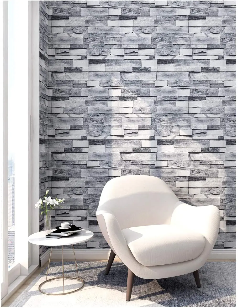 

LUCKYYJ Light Gray Brick Vinyl Self Adhesive Stone Peel and Stick Wallpaper Removable Wall Stickers for Home Decor Wallpapers