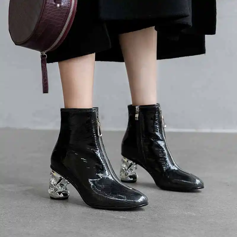 Bottes femme; обувь на высоком каблуке; женские ботильоны из лакированной коровьей кожи на молнии с круглым носком; необычная обувь на высоком металлическом каблуке; botas mujer