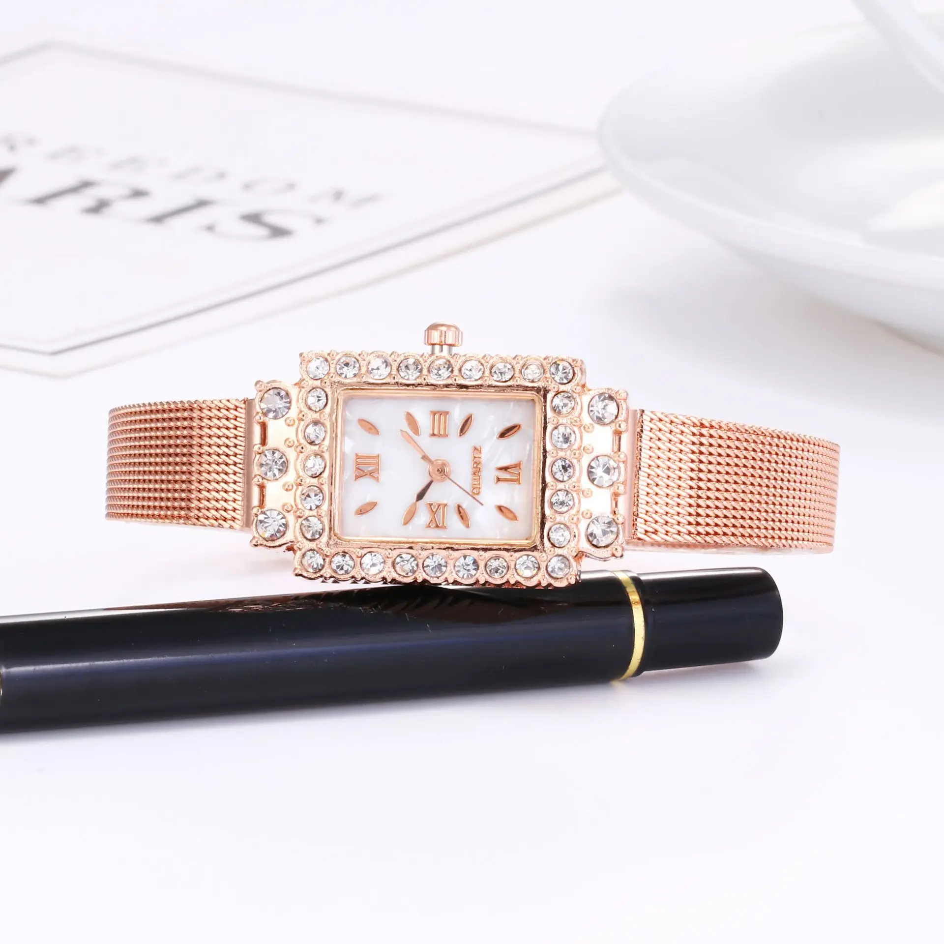 

Hot Selling with Diamond Rose Gold Mesh Belt Small Square Table Stainless Steel Thin Drawstring Square Casual WOMEN'S Watch Wome