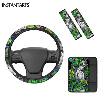 

INSTANTARTS 4pcs Car Interiors Day of the Dead Gothic Girl Print Comfortable Armrest Box Cover Steerig Wheel Package Accessories