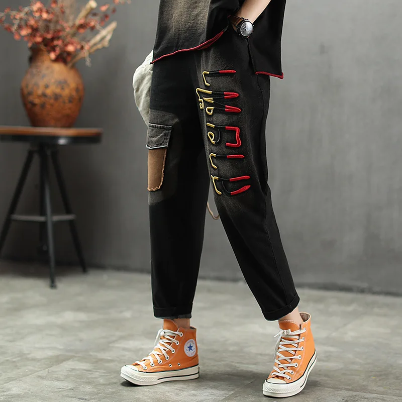 Beste Katoenen T Shirts + Broek Toevallige Borduurwerk Pak Voor Vrouwen Patchwork O hals Tees Met Losse Broek Vintage Set Vrouwelijke A0B2Z40