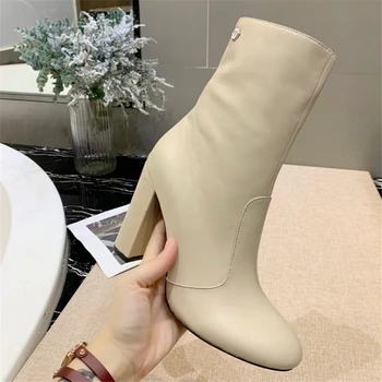 

Solid Color Boots zipper shoes Square bottom Genuine Leather boots ankle boots fashion shoes Round toe shoes Warm Winter Shoes