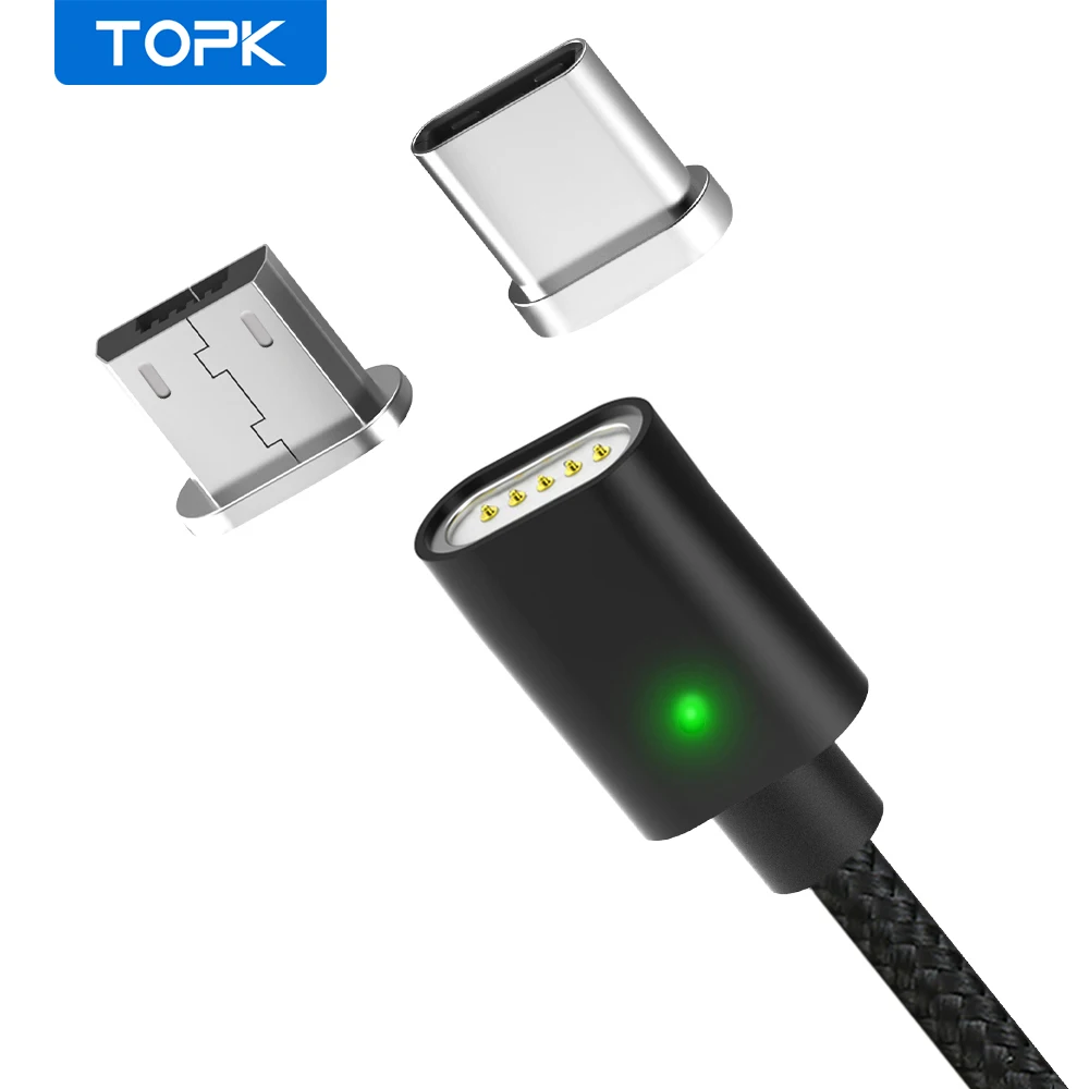 Магнитный кабель TOPK AM21, светодиодный индикатор, usb type C кабель и Micro usb Кабель адаптер, нейлоновый Плетеный Магнитный зарядный кабель|usb cable magnetic|micro usb cablemagnetic adapter | АлиЭкспресс