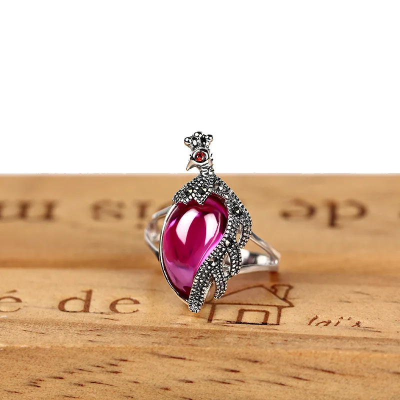 

Silver Ring S925 Silver Inlaid Drop-Shaped Ruby Hanging Wall Peacock Women's Ring Retro Nobility Palace-Style